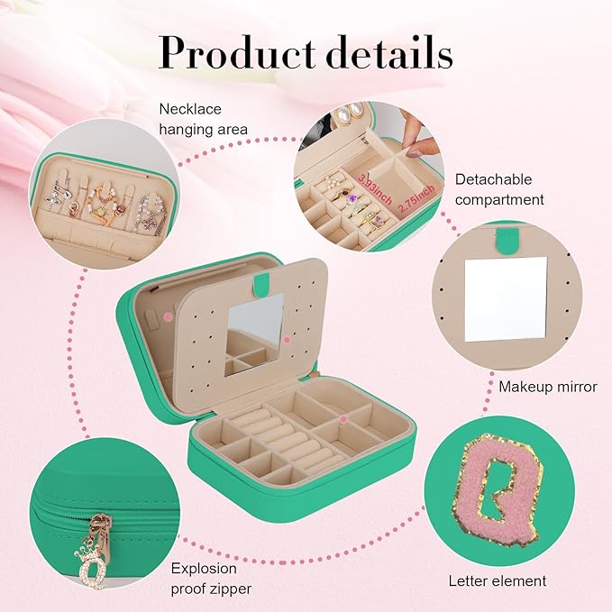 TopPerfekt Travel Jewelry Case, Jewelry Box with Mirror, Jewelry Organizer Bridal Shower Gifts to Her, Earring Storage Travel Case, Trendy Gift for Women and Girls, Girlfriend-Letter Q, Green