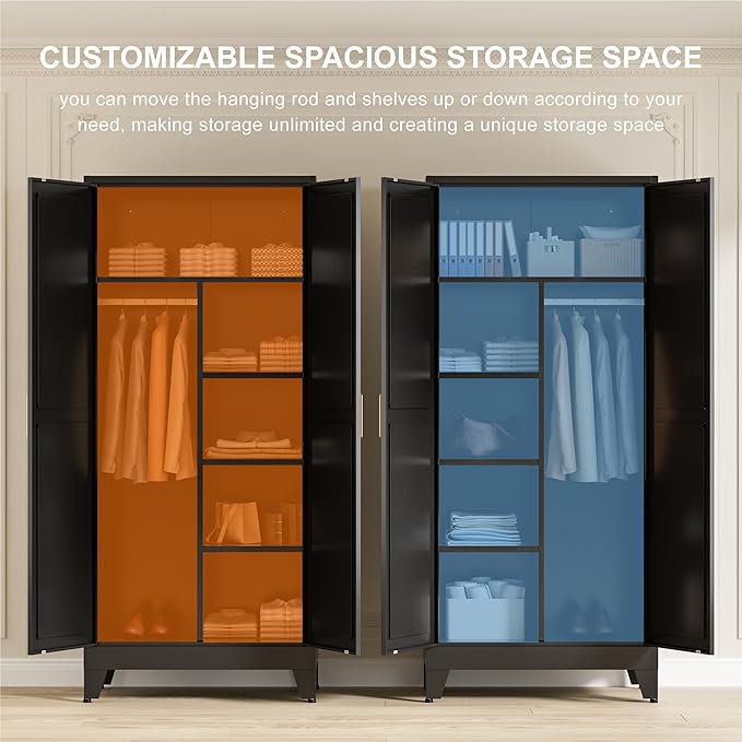 71" Tall Metal Wardrobe Closet with Adjustable Shelves and Hanging Rod, 2 Doors Office Storage Locker Cabinet for Home, Office, Bedroom, Laundry Room, Black