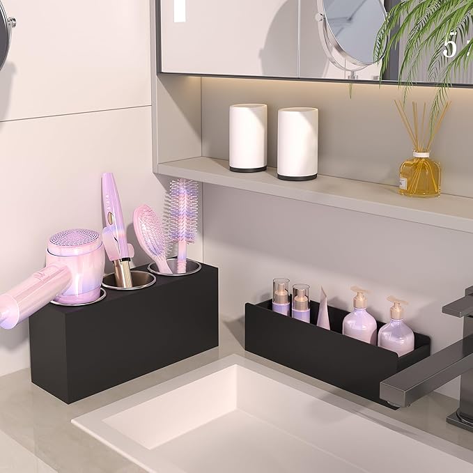 Hair Tool Organizer, Detachable Acrylic Hair Dryer Holder for Bathroom, Hair Styling Accessories Curling Iron Hot Tools Organizer with 3 Cups, Countertop Vanity Storage (Matte Black)