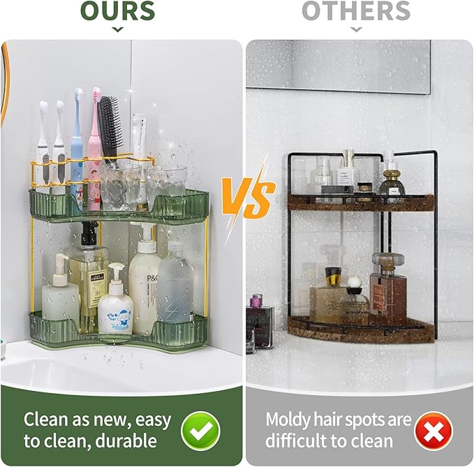 Upgraded 2-Tier Corner Bathroom Countertop Organizer – Spacious Storage for Makeup, Skincare & Perfumes, Built-in Brush Holder Fits Vanity/Dresser/Bsthtub (Sage Green)