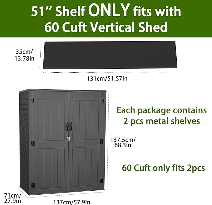 EHHLY Vertical Resin Storage Shed with 2 Shelves, 60 Cuft Garden Tool Sheds & Outdoor Storage, Plastic Outdoor Storage Cabinet Waterproof, 4.5 x 2.3 ft Backyard Outside Lawn Mower Storage Shed, Grey