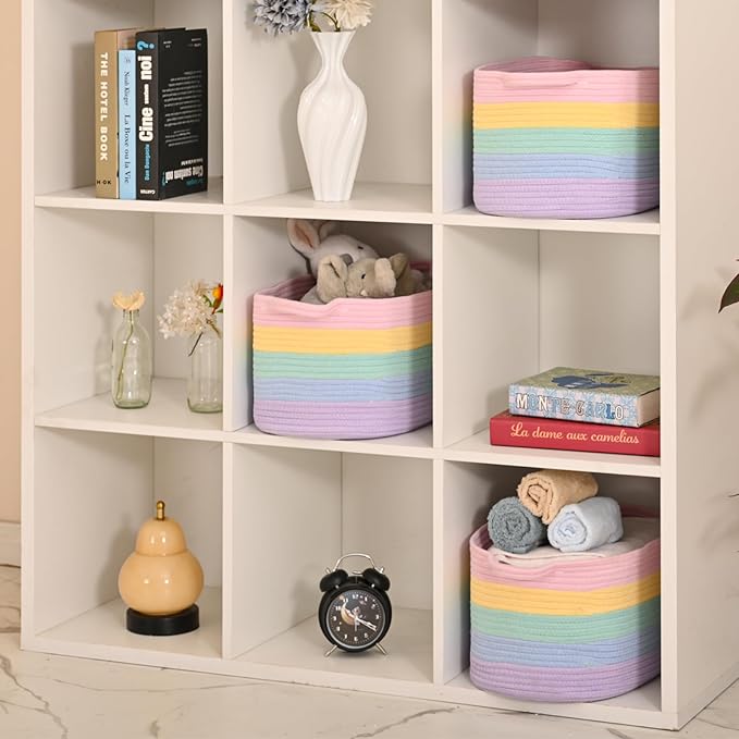 DUHEL Cotton Rope Woven Storage Basket, Used for Baby Hamper Toy Organizer, Gift Baskets Empty,Kids Laundry Basket,Baby Blanket Basket. Size 15x10x8.7 Inches. (Rainbow-3Pcs)