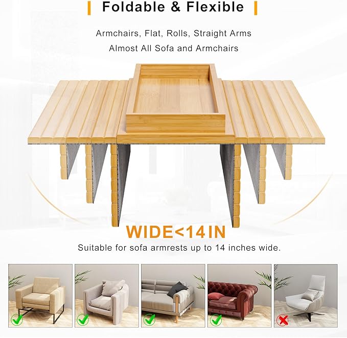 Bamboo Sofa Arm Rest Tray Table for Couch - 2-in-1 Couch Arm Table with Be Slide Detachable Tray - Anti-Slip Foldable Sofa Armchair Caddy for Drinks Cup Cellphone TV Remote Snacks (Bamboo)