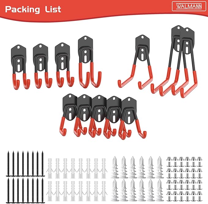 WALMANN 12 PCS Garage Storage Hooks, Wall Mount Utility Hooks for Tools, Ladders, Cords, Folding Chairs, Shovels and Rakes, Shelving Hooks for Keyhole Shelving Units