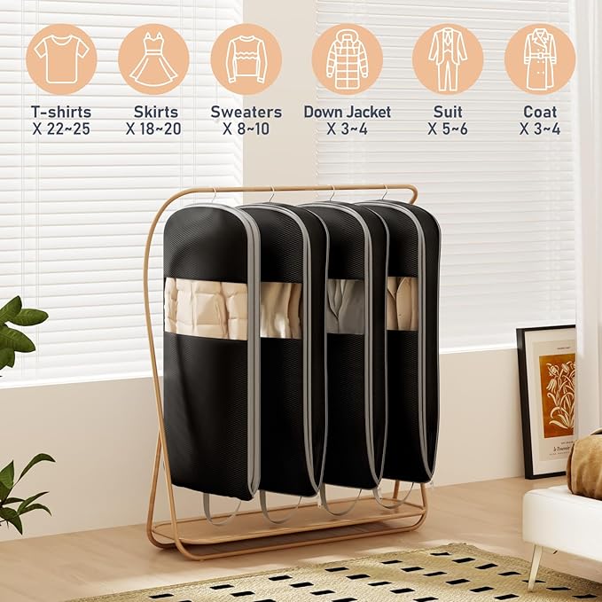 DIMJ 3 Pack 54" Garment Bags for Hanging Clothes - Space Saving Compression Suit Bag Travel with Handles Window, Washable Carry Clothing Storage Cover for Dress, Coats, Down Jacket, Shirts