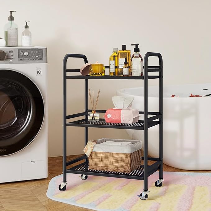 HDANI 3 Tier Rolling Cart,Heavy Duty Multifunctional Metal Frame-Supports 22 Lbs Per Tier,Mesh Rolling Cart with 2 Lockable Wheels for Office,Home,Bedroom,Kitchen,Bathroom,Black