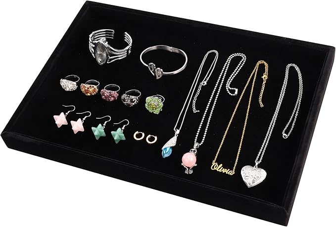 Mornajina 13.8" x 9.5" Velvet Jewelry Tray Jewelry Display Tray, Stackable Empty Plate Trays for Earrings Necklaces Bracelet Rings Display Showcase - Black