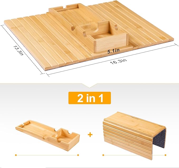 Bamboo Sofa Armrest Tray - Couch Arm Tray with Detachable Couch Cup Holder - 2 in 1 Anti-Slip Foldable Sofa Armchair Caddy Table for Drinks Cellphone TV Remote Snacks