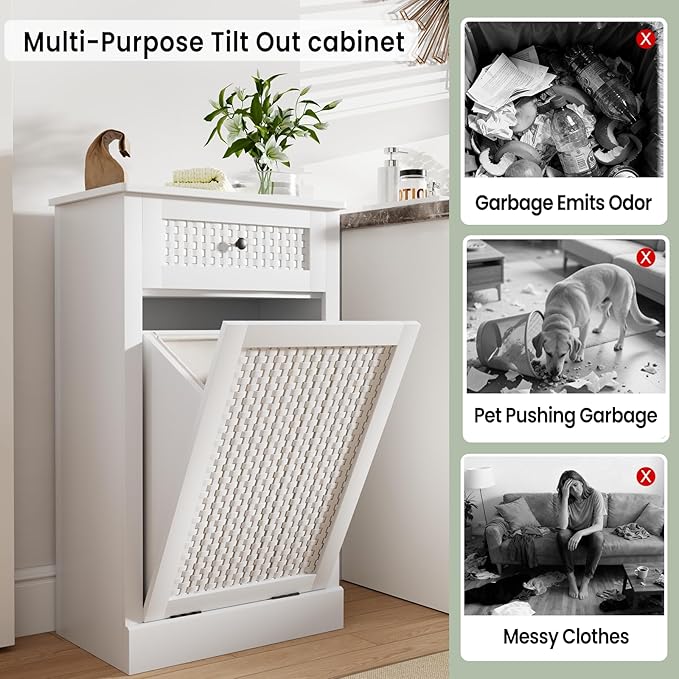 Double Tilt Out Laundry Hamper Cabinet,10 Gallon Laundry Cabinet with Drawers ＆ 2 Hidden Baskets, Farmhouse Storage Basket for Laundry Room, Bathroom, Kitchen, Wood, White
