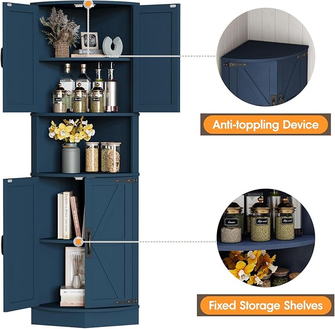 Vabches 64.8" Tall Farmhouse Corner Cabinet with 4 Doors and 5 Storage Shelves, Farmhouse Storage Cabinet with Barn Door Design, Home Space Saver for Living Room, Kitchen, Laundry Room,Blue