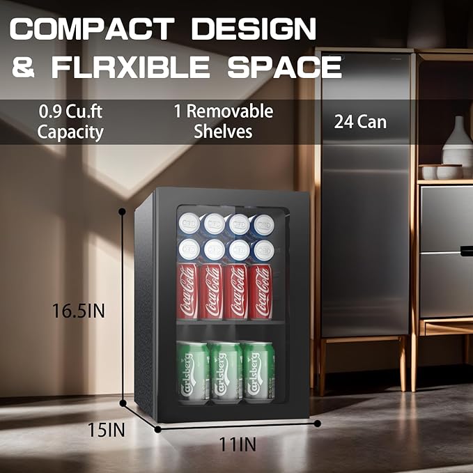 Compact 24 Can/0.9 Cu.Ft Mini Fridge For Soda, Drink,Beer Or Wine, Portable Quiet Small Beverage Refrigerator Cooler With Removable Shelves&Manual Temperature Control For Office, Dorm, Bar