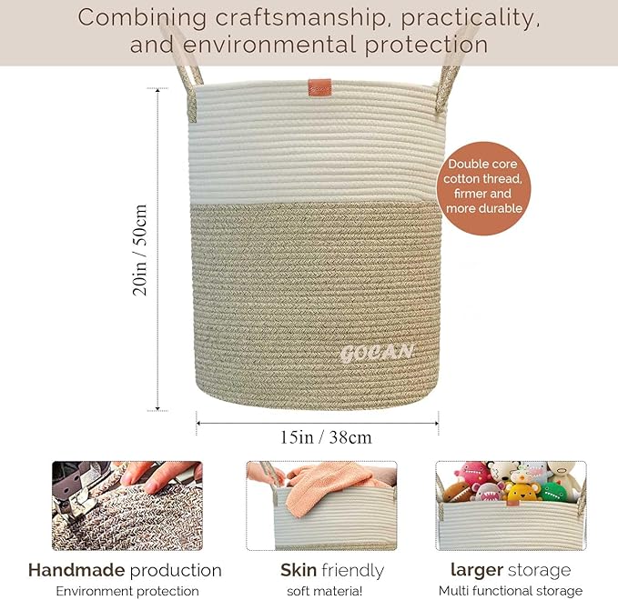 large tall sturdier Laundry Hamper Basket Woven Storage Baskets for clothes Pillows Blanket Toy in living or bed room decoration H50XD38cm borwn/beige