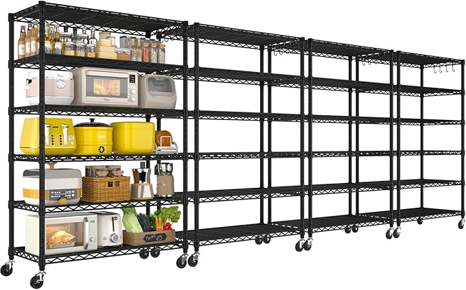 PrimeZone 6 Tier Wire Shelving with Wheels 79''H 1500lbs Storage Shelves NSF Certified Heavy Duty Steel Metal Shelf Adjustable Rolling Rack Kitchen Garage Closet Pantry Laundry 79''HX36''WX16''D 4Pcs