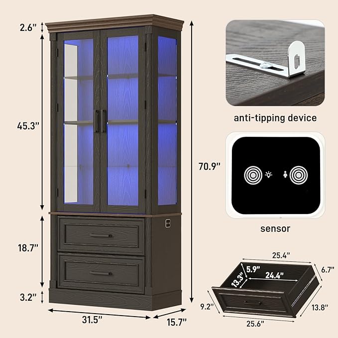 St.Mandyu 71" Tall Display Cabinet with Glass Doors, Curio Case with LED Sensor Lights and 2 Storage Drawers for Living Room, Home, Kitchen, Black