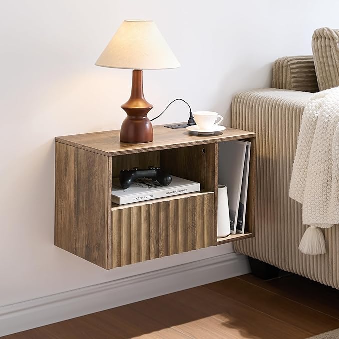Modern Rustic Brown Fluted Floating Nightstand with Charging Station, NightStand with Drawers, Bedside with USB Ports and Outlets, Bedroom Furniture (Right)