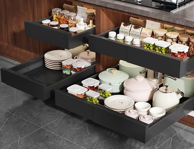 4 Pack Pull Out Cabinet Organizer Expandable Width(13"-21") and Depth(17"-24"),Slide Out Drawers With Raising Pad for Framed Cabinets,No Drill Roll Out Shelves for kitchen,Bathroom,Black