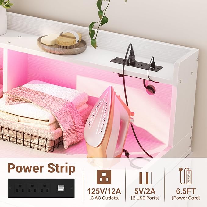 Aheaplus Washer and Dryer Countertop, 2-Tier Laundry Countertop Cover with LED Lights and Power Strip, Large Space Laundry Topper with Shelf for Laundry Room Organization, White