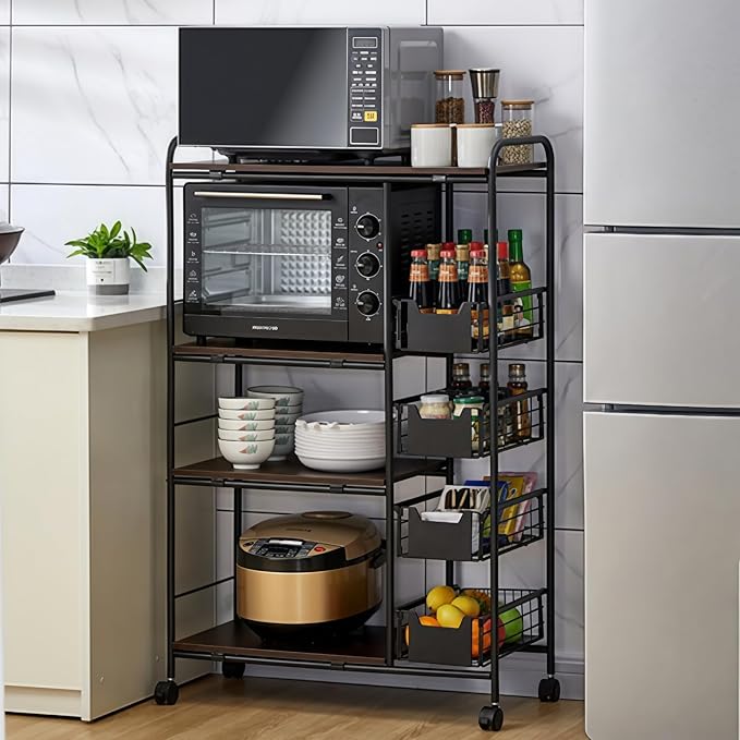 5-Tier Kitchen Carts on Wheels with Storage, Rolling Storage Cart with Handles, Lockable Wheels, 4 Drawers, Utility Carts on Wheels Microwave Stand for Kitchen, Living Room