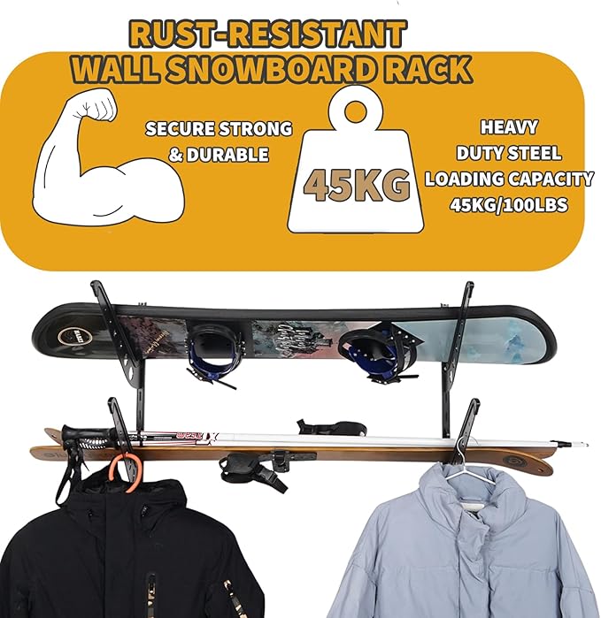 Snowboard Wall Racks, Adjustable Storage Rack for Ski, Surfboard, Wakeboard, Snowboard Wall Mount Display, White/Black