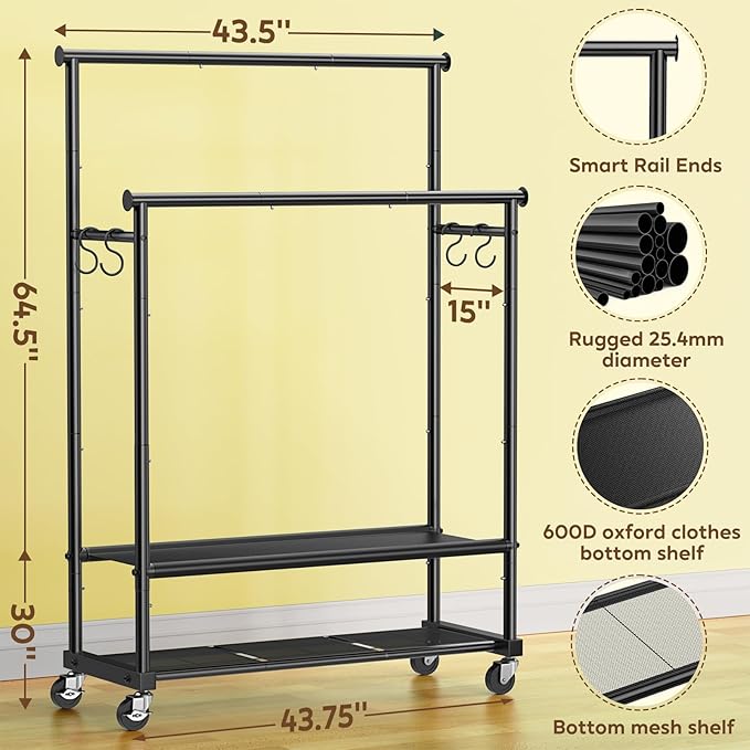 Double Rod Clothing Rack Heavy Duty with Oxford and Mesh Bottom Shelves, Garment Racks for Hanging Clothes, Portable Wardrobe Rack, Metal Clothes Rack Sturdy Coat Rack for Bedroom Laundry Living Room