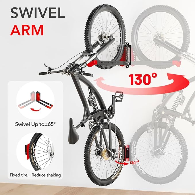 2-Pack Swivel Bike Rack Wall Mount, Bike Hangers for Garage, Space-Saving Vertical Bike Holder, Holds up to 77 lbs, Bicycle Wall Hanger Storage, No Heavy Lifting Required Indoor Hanging Bike Rack-Red