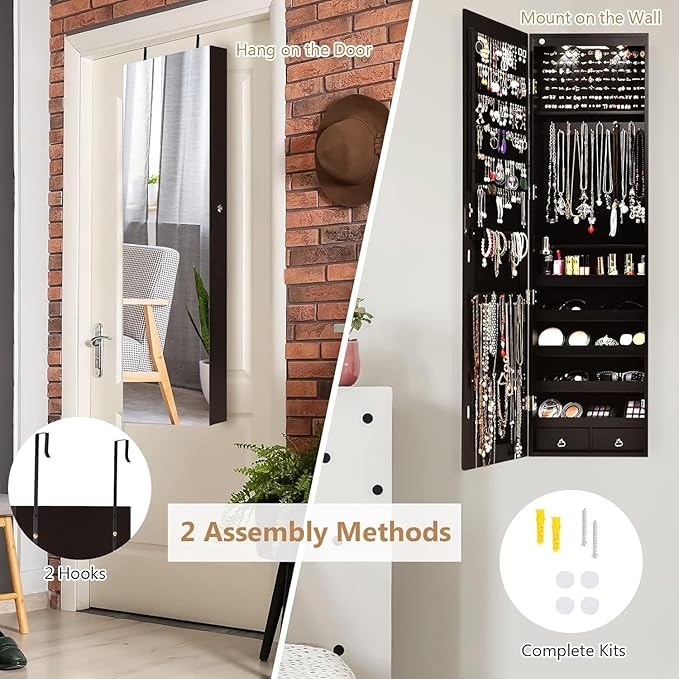HAPPYGRILL Over the Door Jewelry Organizer, Hanging Jewelry Storage Cabinet w/Full-Length, Inner Makeup Mirror, Earring Shelves, Ring Slots, 25 Necklace Hooks, Wall Mounted Jewelry Armoire for Women
