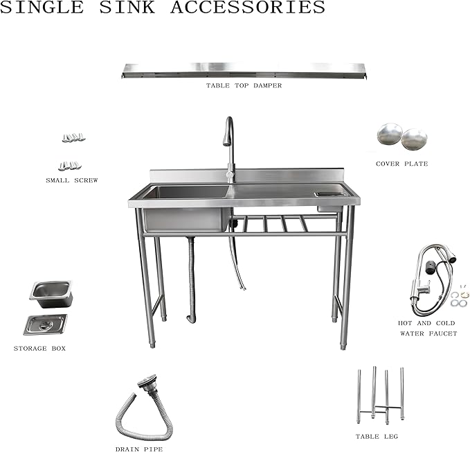 Qian Kun Free Standing 39.3 * 19.7 * 35.4 Left Single Bowl Outdoor Kitchen Sink (304 Stainless Steel, Pull Down Sprayer & Drain Pipe, Commercial Restaurant, NSF Certified)
