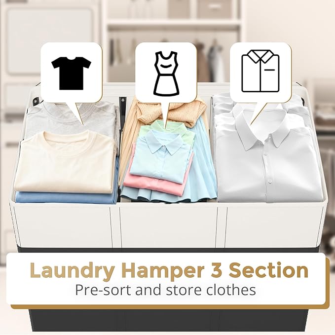 180L Laundry Hamper 3 Section, Large Laundry Basket with Lid, Laundry Basket Organizer with Handles, Divided Clothes Hampers for Laundry, Bedroom, Bathroom, White & Black