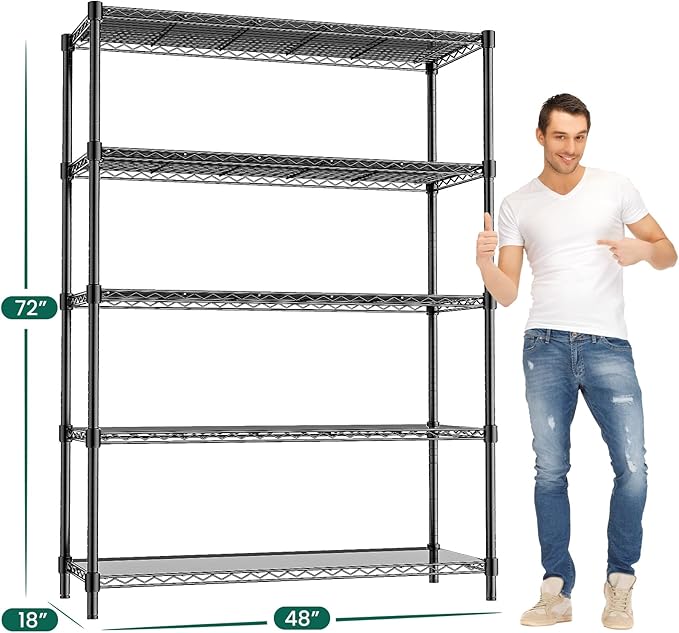 48" W Storage Shelves 5-Tier Wire Shelving, 1875LBS Adjustable Metal Shelving with 5 Shelf Liners, Heavy Duty Steel Wire Rack for Garage Commercial Pantry Kitchen, 48" W x 18" D x 72" H, Black