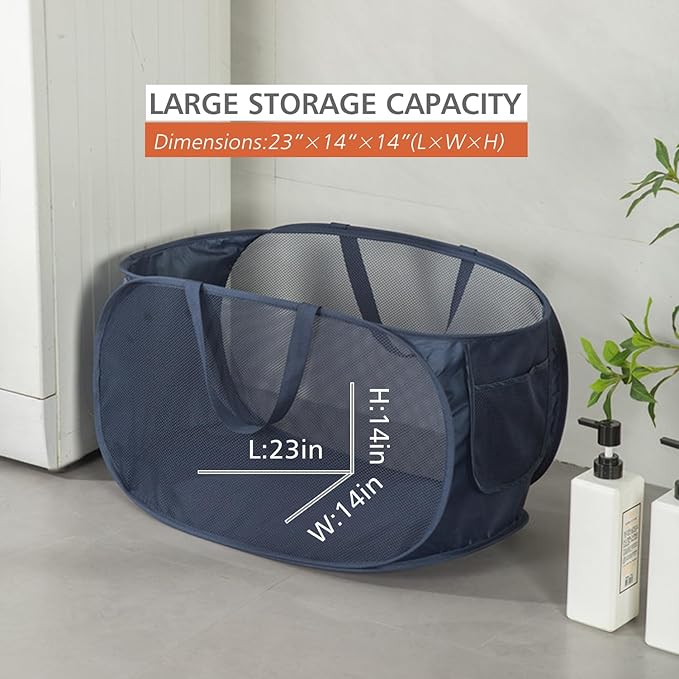 HONOMA Sturdy Mesh Laundry Hamper Basket Bag,Pop up Basket with Side Pocket for Laundry Room, Bathroom, Kids Room, College Dorm or Travel (Pop Horizontal, White)