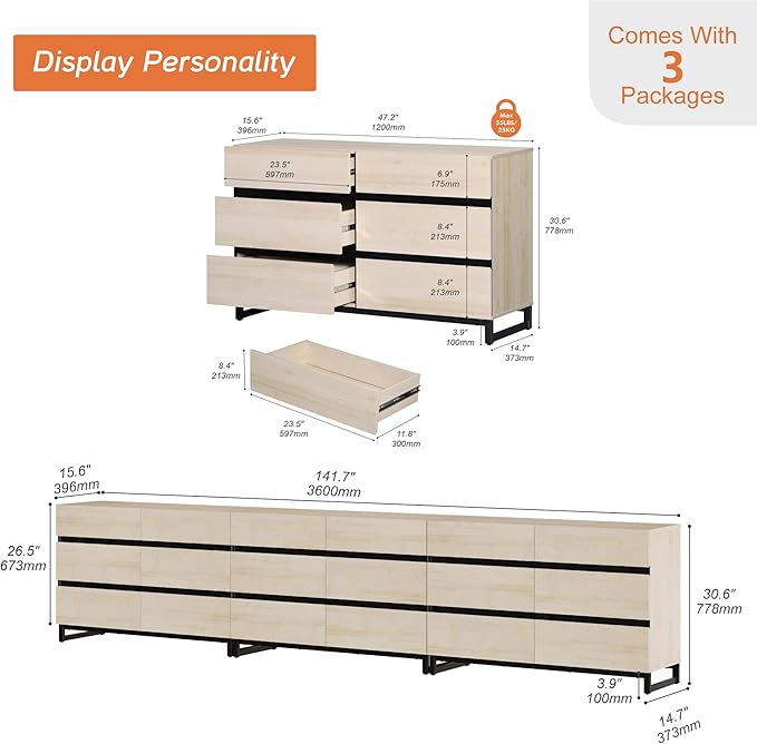 WAMPAT Dresser for Bedroom, Closet Organizers and Storage with 18 Drawers, Chest of Drawers with Metal Base, Wooden Modern Dresser for Living Room, Bedroom, Entryway, Light Oak