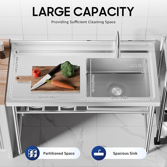 Freestanding Commercial Utility Sink, 47.2 * 23.6 * 31.5in Industrial Kitchen Sink Unit with Faucet, 2-Tier Storage Shelf, Outdoor Freestanding Single Bowl Sink for Garage, Restaurant