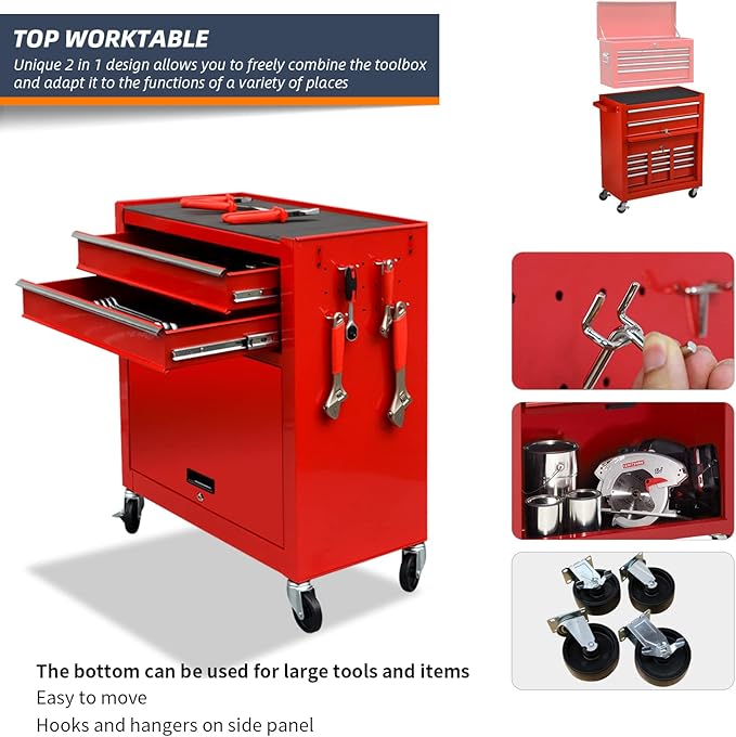 8-Drawer High Capacity Rolling Tool Chest, Removable Cabinet Storage Tool Box with Wheels and Drawers, Detachable Toolbox with Lock for Workshop Mechanics Garage