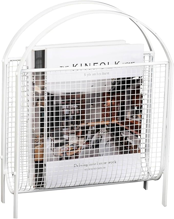 MyGift Mid-Century Design Magazine Rack, Matte Black Tone Metal Mesh Freestanding Magazine Organizer Holder Sling (White)