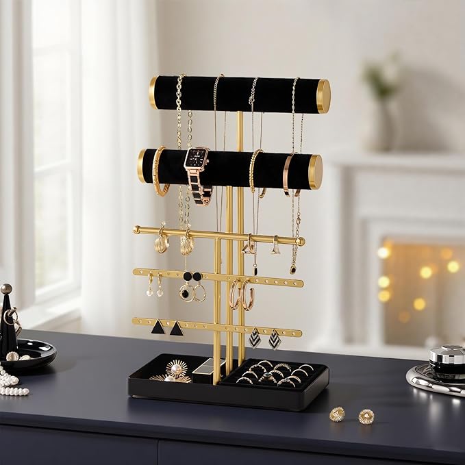 Lolalet Bracelet Display Stand Necklaces Holder, 5 Tiers Jewelry Organizer and Storage Rack with Velvet Slot and Metal Base, for Women Bangles Watches Ring Earrings -Black