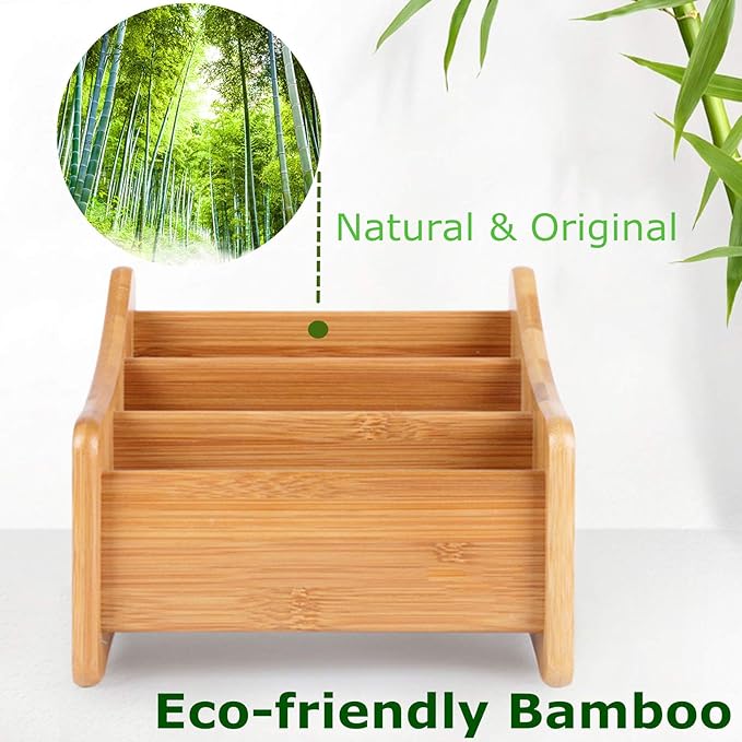 VolksRose Desk Remote Control Holder Multi-Function Coffee Table Office Supplies Storage Organizer, Home Sundries Bamboo Storage Box with 3 Compartments Perfect for Makeup, TV Guide, Pen, Caddy #1