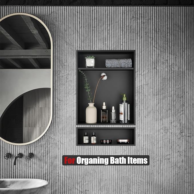 JQK Shower Niche No Tile Need, 4"×14" Matte Black Bathroom Insert Shelf, 304 Stainless Steel Recessed Shower Caddy Organizer Storage, SNL414-PB