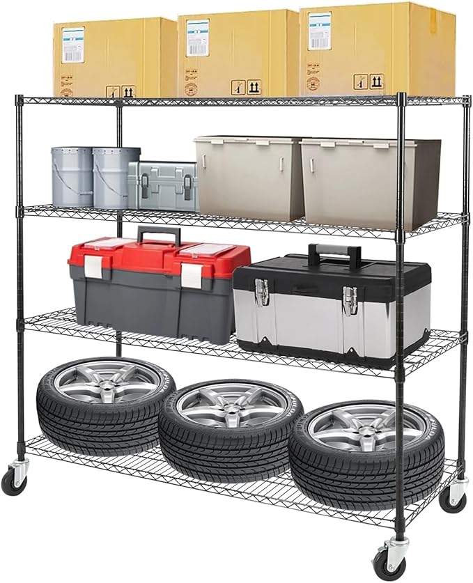 4-Tier Storage Shelving Unit with Wheels, Adjustable Heavy Duty Steel Wire Rack Organizer (24" D x 60" W x 54" H, 480 lbs Capacity) for Garage, Kitchen
