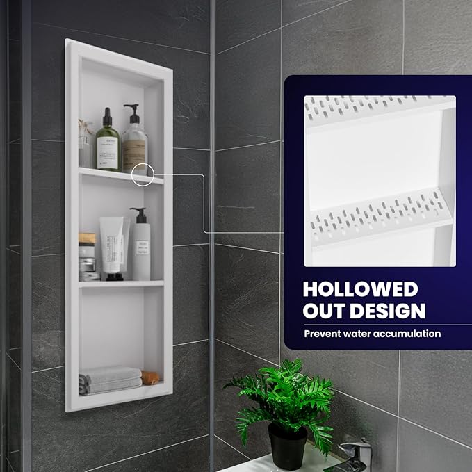 12" x 36" Stainless Steel Shower Niche, 3-Tier Waterproof Shelves, No-Tile Needed Bathroom Organizer, Rustproof Wall Shelf for Shampoo, Soap & Toiletries, White