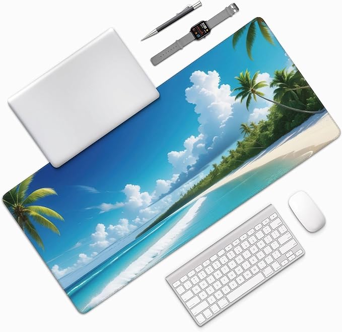 Tropical Beach Large Mouse Pad, Vintage Aesthetic Gaming Desk Mat, XXL Keyboard Desk Pad Mat for Desktop, 35.4"x15.7" Non-Slip Base Big Mousepad with Stitched Edges