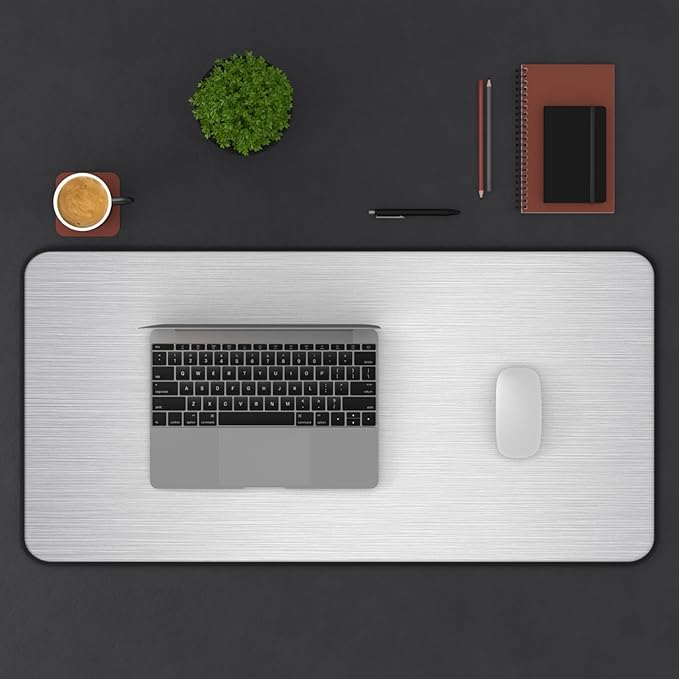 Brushed Metal Texture Desk Mat - Extended Mouse Pad & Desk Pad, Neoprene Surface, Non-Slip Rubber Base, Stitched Edges, Desk Protector for Keyboard & Mouse (Silver, 16x32)