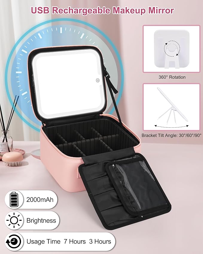 Relavel Initial Makeup Bag with LED Mirror for Women Girls, Personalized Travel Cosmetic Organizer Train Case, Birthday Gifts for Grandkids Bridesmaid Graduation Teacher Friends, Trendy Stuff, Pink H