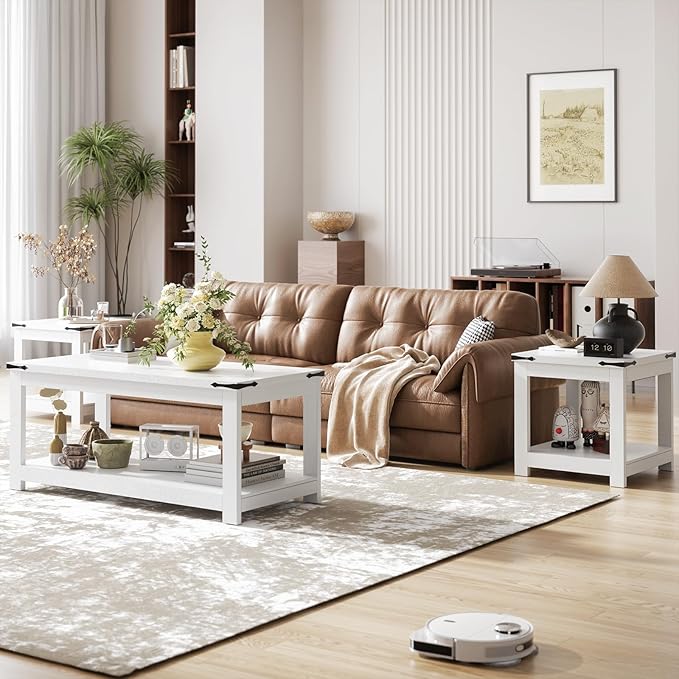 Homieasy End Table, 20 Inch Square End Table, Farmhouse Wood Side Table with Storage Shelf, Industrial Accent Bedside Table for Living Room, Bedroom,White