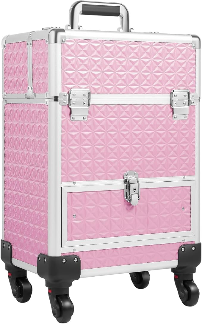 Rolling Makeup Train Case with Drawers, Portable Rolling Makeup Cart with Wheels, Pink Cosmetology Storage Cart with 6 Compartments for Makeup Artists, Hairdressers, Pet Groomers