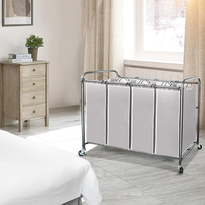 STO STO Laundry Sorter 4 Section, 4 Bag Laundry Hamper, Rolling Laundry Cart, Laundry Basket with Heavy Duty Lockable Wheels and Removable Bag for Clothes Storage, Gray