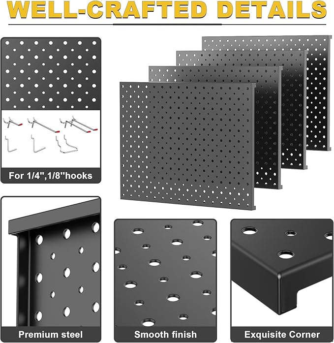 Ultrawall Metal Pegboard Panels, Pegboard Wall Organizer, Black Peg Boards for Wall, Garage Tool Storage Organization, 12"X16", 4pcs