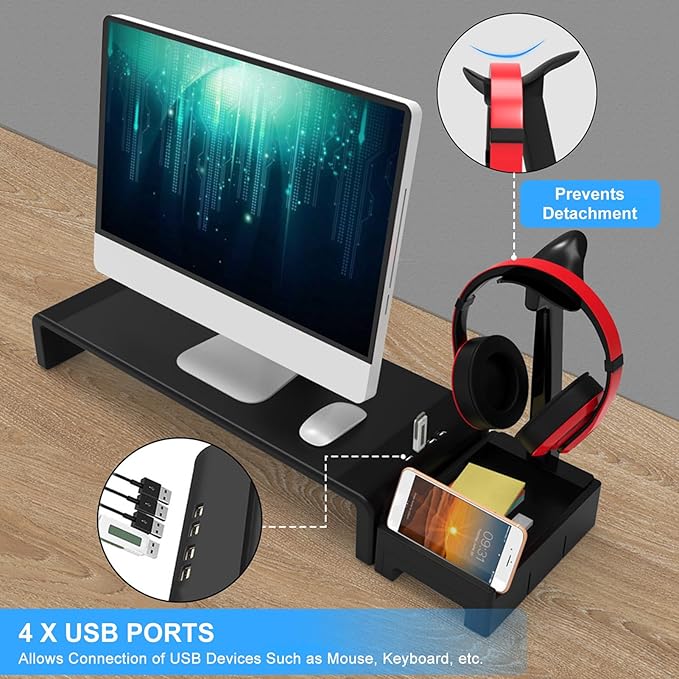 Adjustable Monitor Stand Riser, Computer Monitor Stand with Storage Drawer, Ergonomic Desk Shelf Riser with USB Ports and Headphone Stand, Sturdy ABS Plastic Monitor Stand
