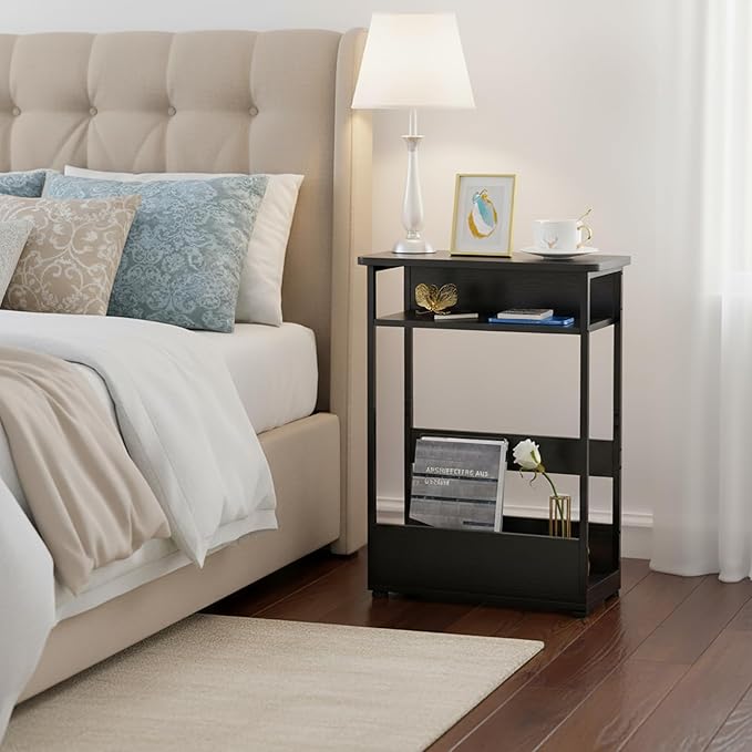 Narrow Side Table,3-Tier Slim End Table with Storage Shelf,Modern Sofa Table Thin Side Table for Narrow and Small Spaces, Skinny Bedside Table Small Nightstand with Magazine Rack Space Saving/Black