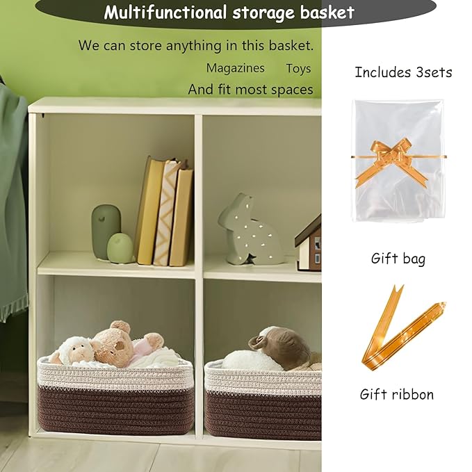 COMFY-HOMI 13" x 8.5" x 5.1" Storage Baskets for Organizing | Cotton Rope Woven Basket | Toy Storage Bin Box | Basket for Shelves,1 Pack, dark brown/white