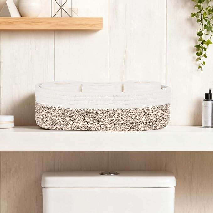 Temary 2PC Small Storage Bins Basket, 13x5.9x3.9 inch Woven Storage Basket with Handles for Storage Toilet Paper Rolls, Narrow Storage Baskets for Entryway, Closets, Shelves (Brown)